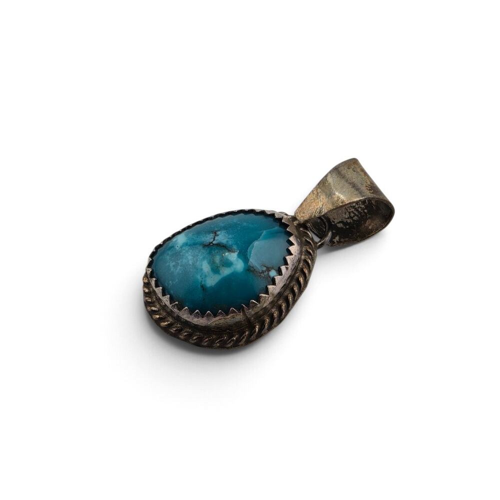 Vintage Sterling Silver Glass Turquoise Pendant Teardrop Rope Bezel Signed R